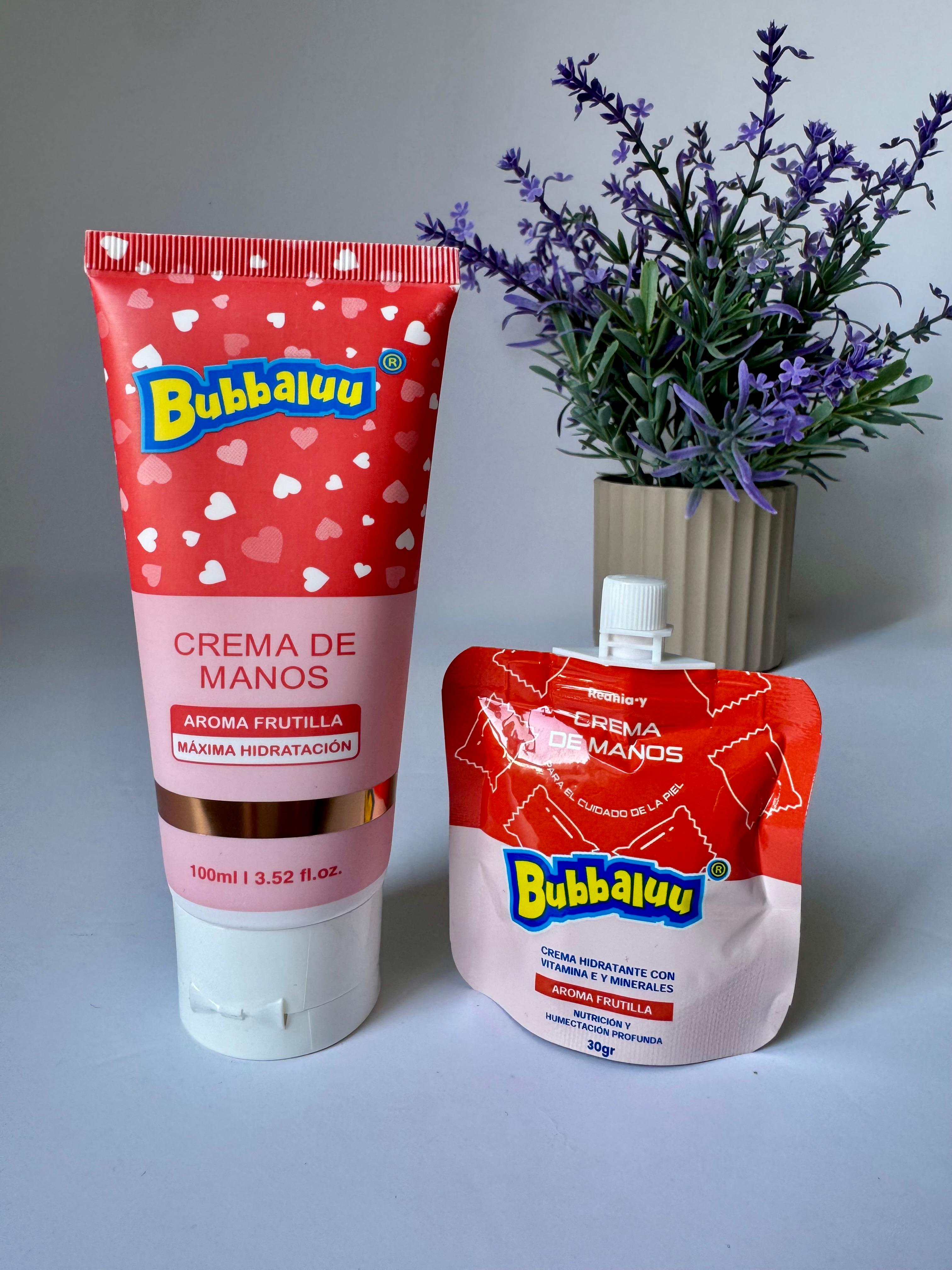 Crema Hidratante Para Manos Bubbaluu Aroma FRUTILLA PACK DUO 100ml y 30ml